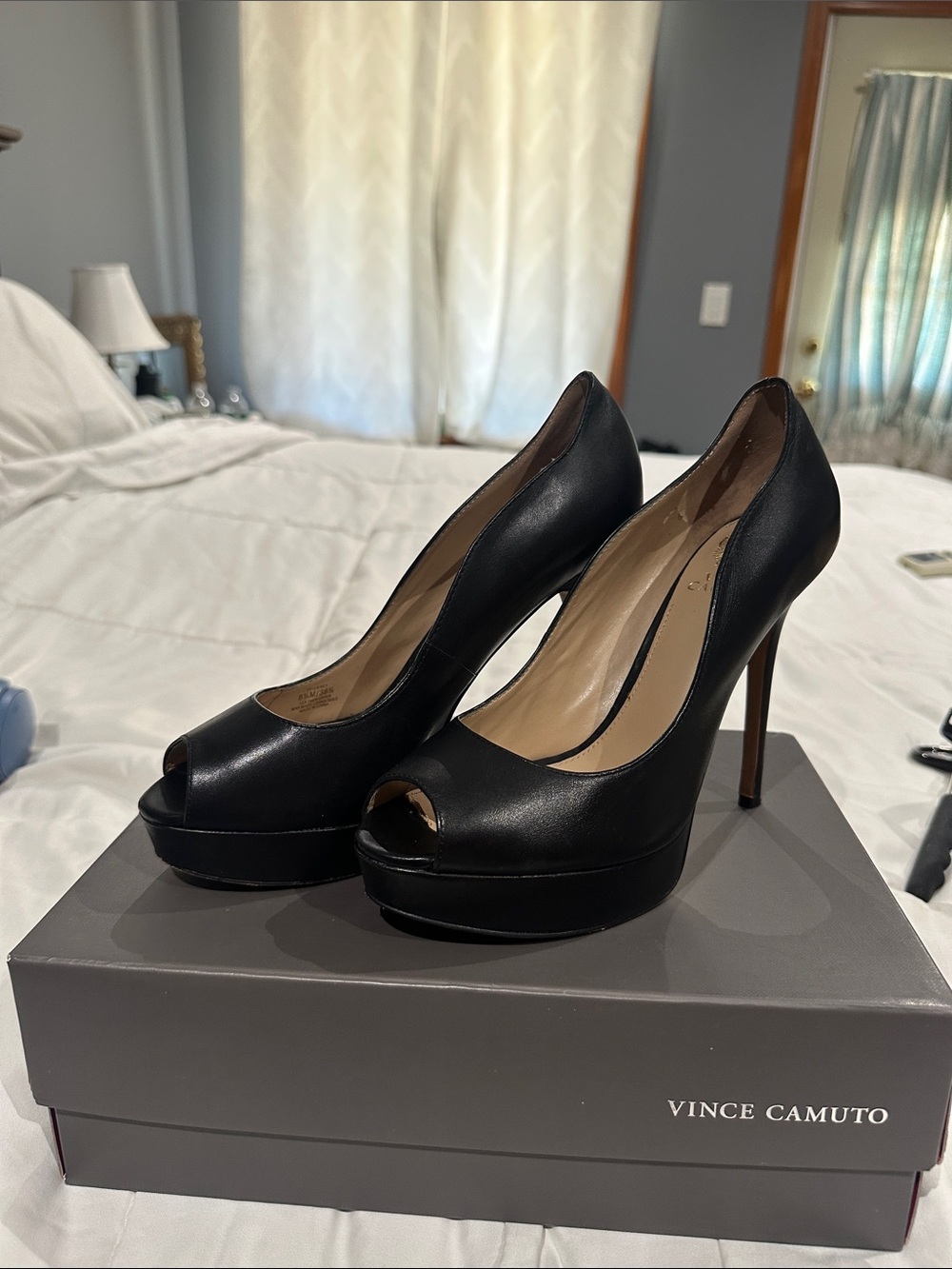 Vince Camuto Black Leather Peep-Toe Platform Heels comes with box